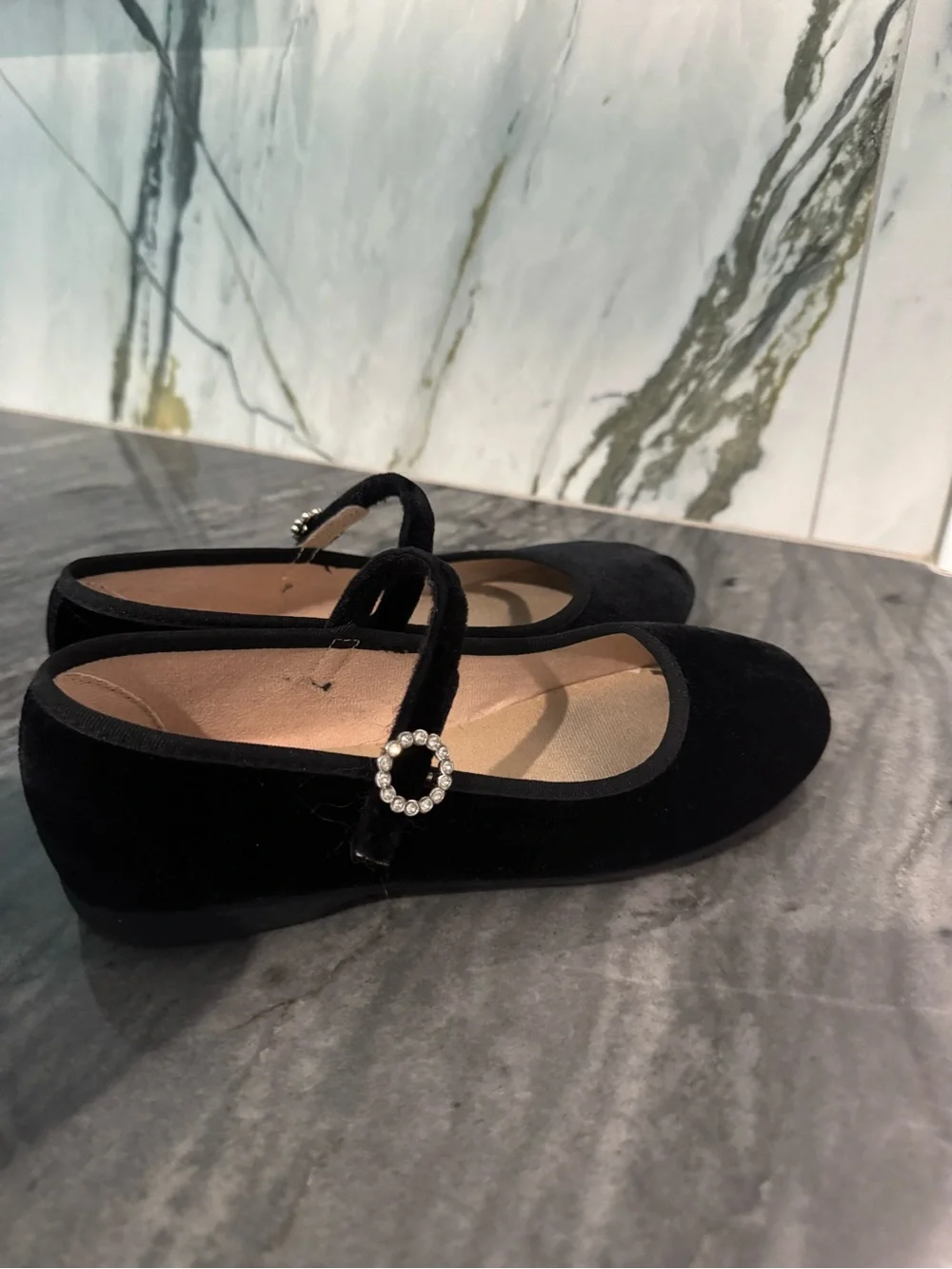Girls Black Velvet Mary Jane Shoes with Rhinestone Buckle